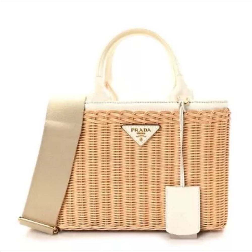 Prada Tan and Cream Woven Shoulder Bag with Structured Design
